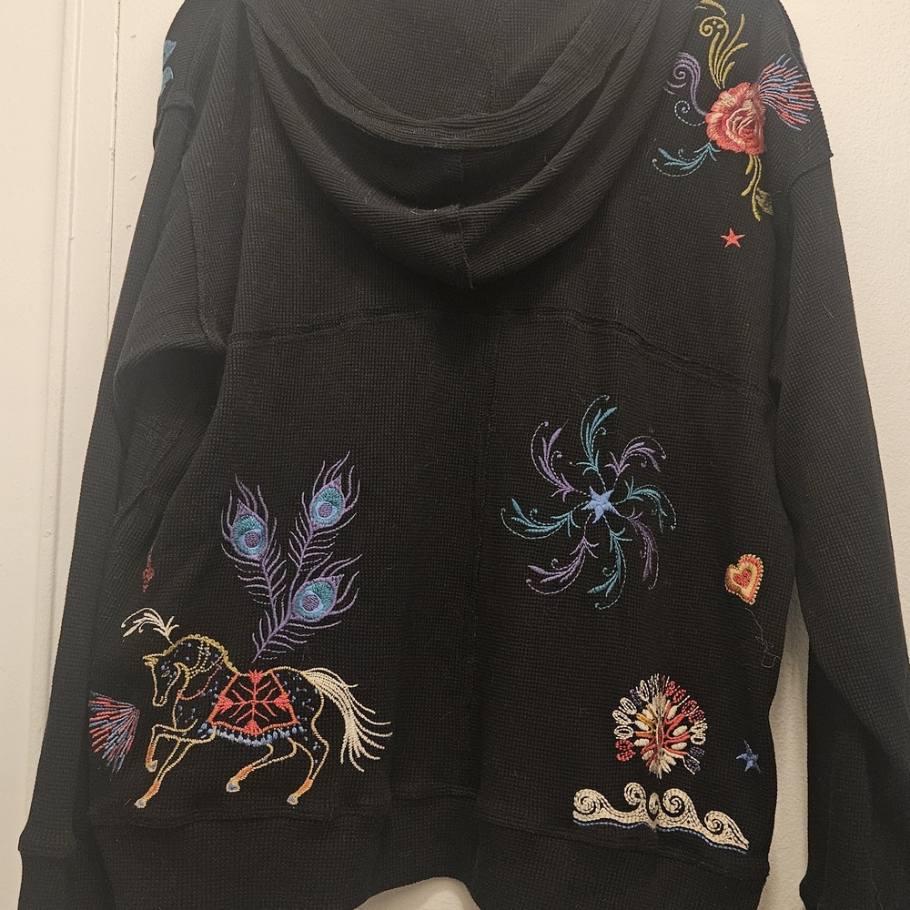 Johnny Was Black V-Neck Thermal with Colorful Embroidery - Picture 2 of 3